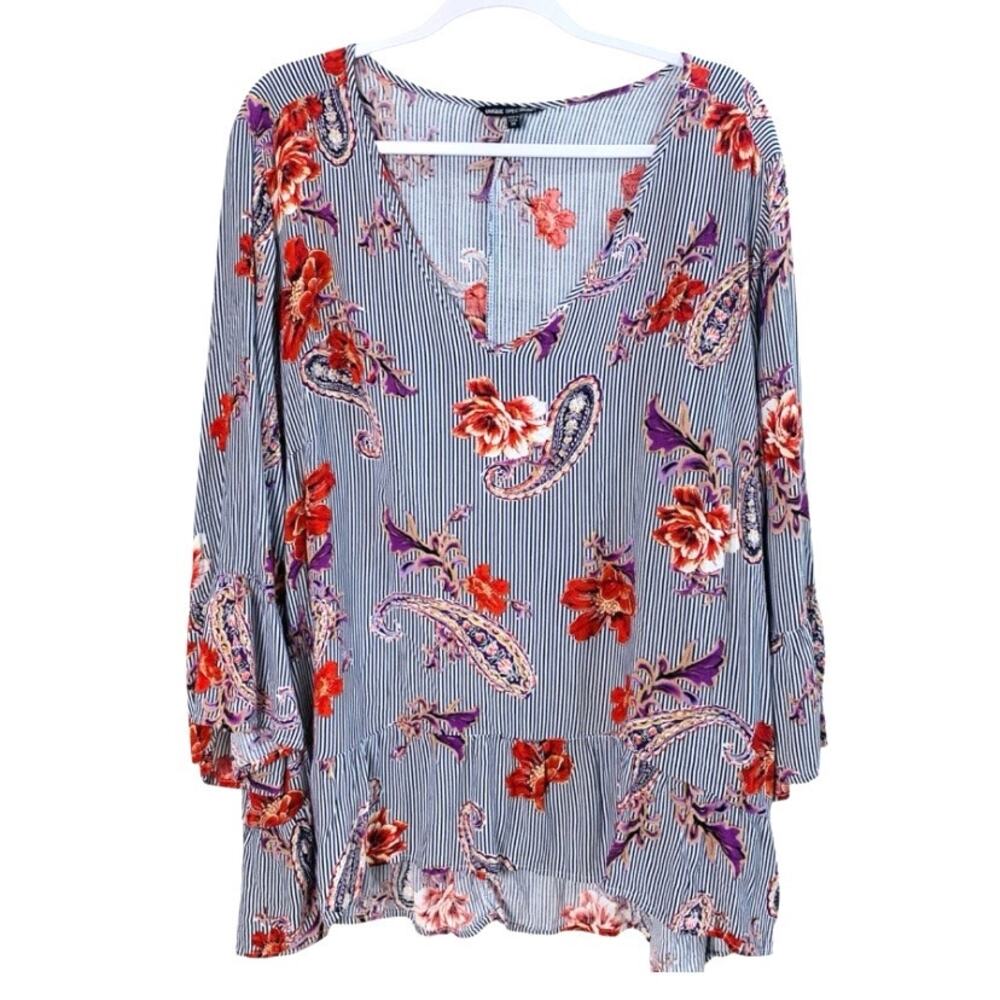 Unique Spectrum Plus Size 3X Women's Striped Floral Peasant Tiered Top Blue